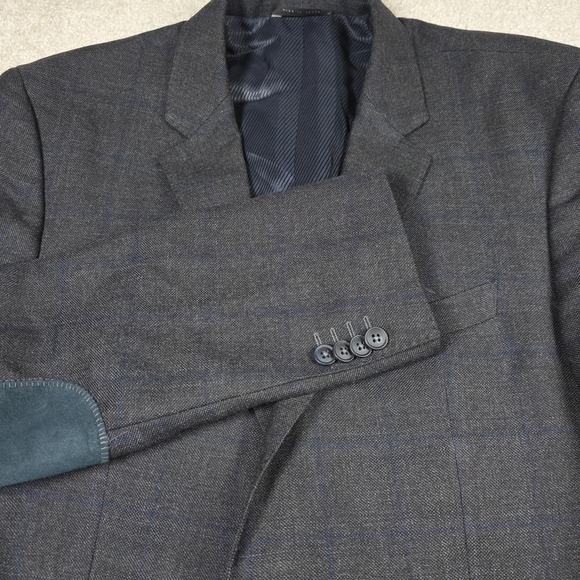 Hugo Boss Men's 42L Sport Coat Charcoal Wool Blend Windowpane Elbow Patch Jacket